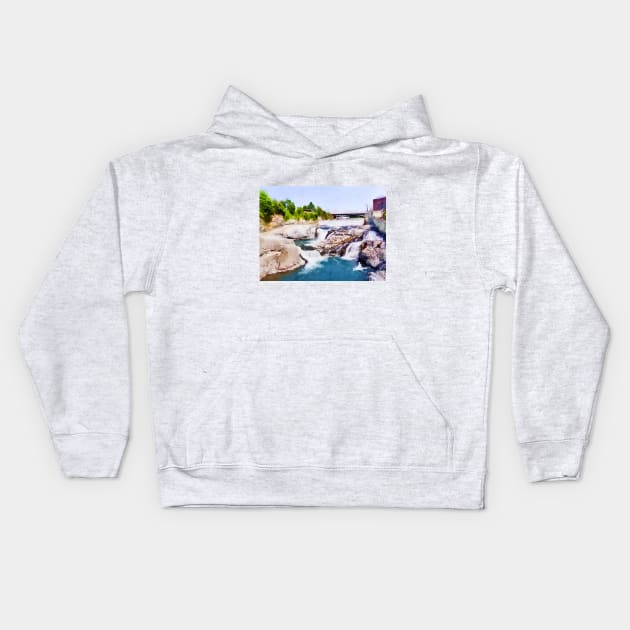 Spokane River Falls Watercolor Kids Hoodie by terrybain